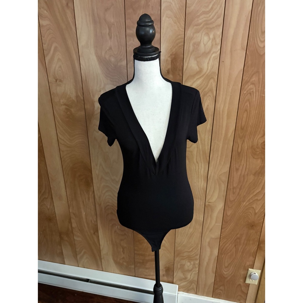 Naked Wardrobe Black Deep V-Neck Short Sleeve Bodysuit Medium